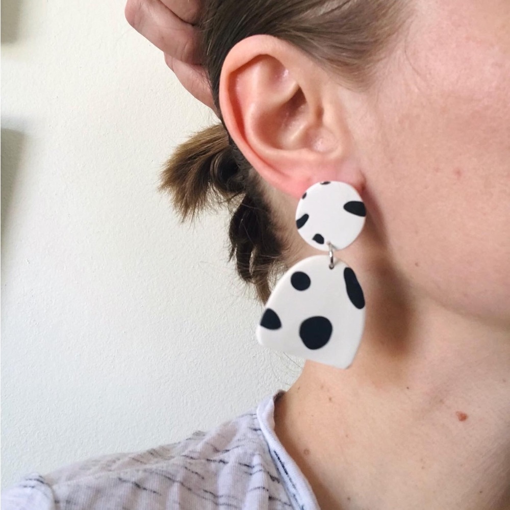 Cow hide black and white pattern polymer clay dangle earrings
